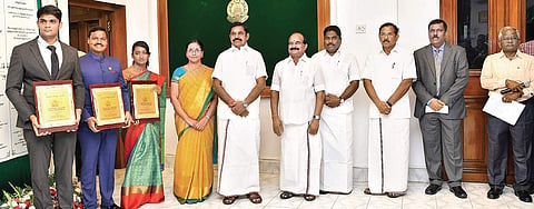 Chief Minister Edappadi K Palaniswami on Thursday conferring Green awards for the 2018 upon Nilgiris Collector J Innocent Divya, former Madurai Collector G Veeraraghava Rao and former Tirunelveli Collector Sandeep Nanduri | Express