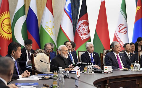 Prime Minister Narendra Modi at the delegation level meeting of the Shanghai Cooperation Organization SCO Summit in Bishkek, Kyrgyzstan on 14 June 2019. (Photo | PIB)