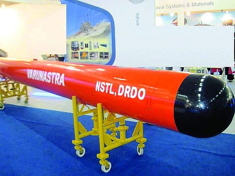 A photo of Varunastra, an electric underwater torpedo, designed by the Naval Science and Technological Laboratory.