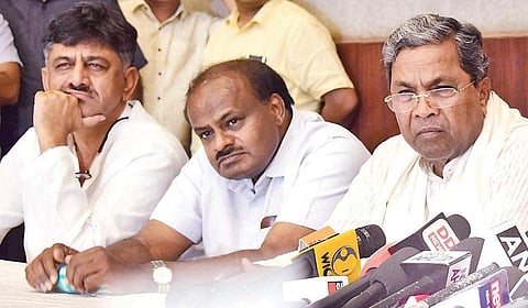 File picture of Water Resources minister D K Shivakumar, Chief Minister H D Kumaraswamy and Congress leader Siddaramaiah at a press conference. | Express Photo Services