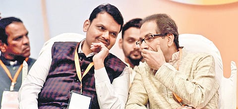 Shiv Sena chief Uddhav Thackeray and Maharashtra CM Devendra Fadnavis at Sena’s Foundation Day celebration | Pti