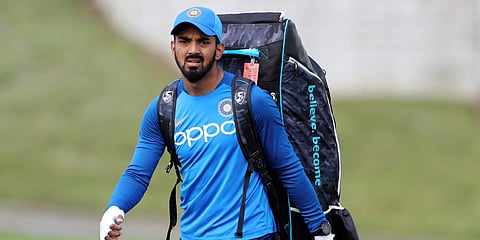 India's KL Rahul arrives to bat in the nets during a training session ahead of their Cricket World Cup match against Afghanistan at the Hampshire Bowl in Southampton. (Photo | AP)