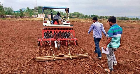 Paddy seeds being sown using drill machine at the research field in Bhawanipatna.