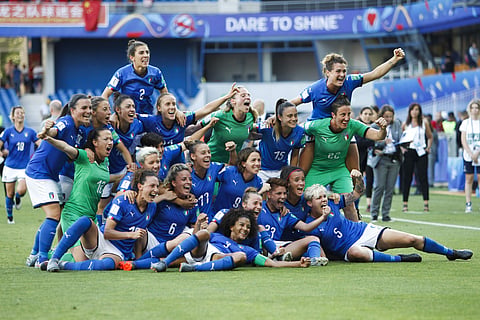 Italian players celebrate after their historic win | AP
