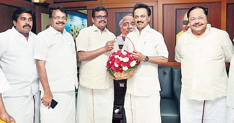 Former AMMK leader Thanga Tamil Selvan joining the DMK in the presence of party president MK Stalin, in Chennai on Friday | Express