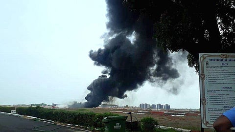 Goa Airport closed temporarily for a few hours in view of fire caused by a drop tank of MiG 29K which got detached whilst taking off. (Photo | Twitter / ANI)