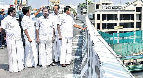 Chief Minister Edappadi K Palaniswami inspecting the remaining works for the flyover in Salem on Friday | Express