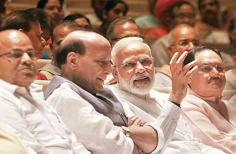 Prime Minister Narendra Modi, Defence Minister Rajnath Singh, BJP working president JP Nadda and others during the BJP parliamentary party meeting in New Delhi on Tuesday | Shekhar yadav