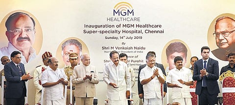 V-P M Venkaiah Naidu (Centre) inaugurating MGM Healthcare Hospital at Nelson Manickam road, in the city on Sunday. (From left) MGM Healthcare Chairman M K Rajagopalan, Fisheries Minister D Jayakumar, TN Governor Banwarilal Purohit, Deputy CM O Panneersel