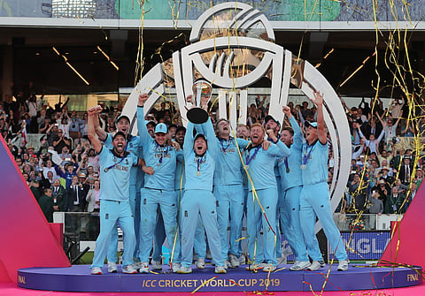 England's captain Eoin Morgan lifts the trophy after winning the Cricket World Cup final match between England and New Zealand at Lord's cricket ground in London. (Photo | AP)