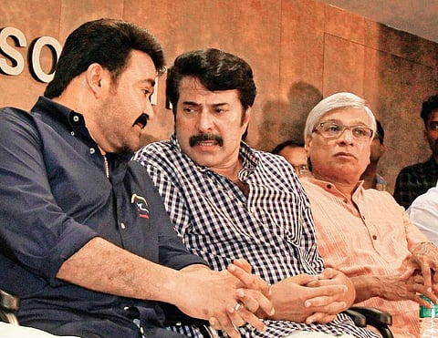 Actors Mohanlal and Mammooty during the inauguration of the new building of Producers Association in Kochi on Monday. Director Kamal is also seen | ARUN ANGELA
