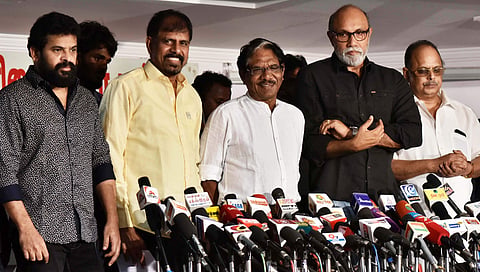 Film Directors Amir, R K Selvamani, P. Bharathiraja and Actor Sathyaraj during a press meet. ( File | EPS )