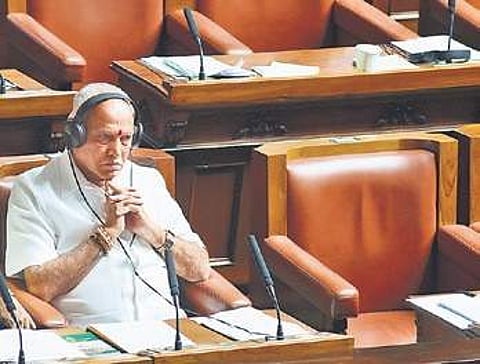 Opposition leader B S Yeddyurappa at Vidhana Soudha on Friday (Photo | Vinod Kumar T, EPS)