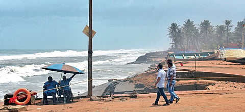 Lifeguards on duty stop tourists who enter the beach premises at Shanghumugham beach B P Deepu