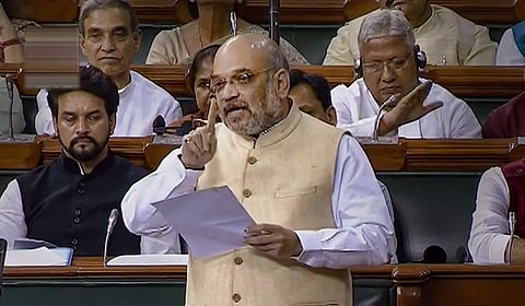 Union Home Minister Amit Shah speaks in the Lok Sabha during the Budget Session of Parliament in New Delhi. (Photo | PTI)