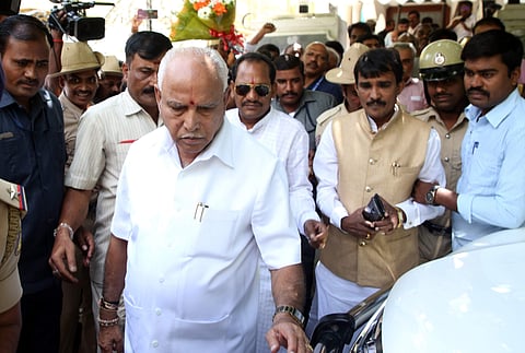 BJP State President BS Yeddyurappa seen outside his residence at Dollars Colony in Bengaluru on Wednesday. | Express Photo Services