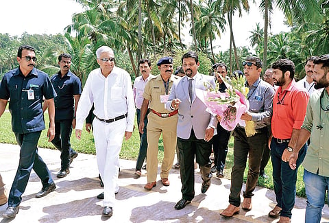District Collector D Sajith Babu seeing off Sri Lankan Prime Minister Ranil Wickremesinghe at the helipad of a luxury hotel at Udma in Kasaragod on Saturday | Express