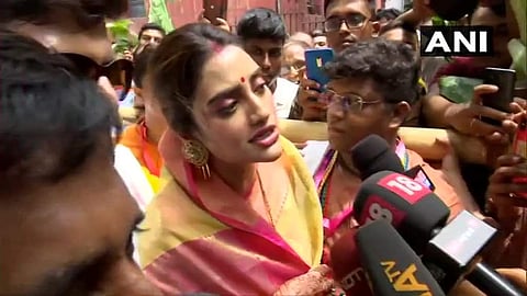TMC MP Nusrat Jahan addresses media during Iskcon Rath Yatra festival in Kolkata on Thursday. (Photo | ANi, Twitter)