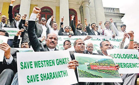 Members of Western Ghat Environment Forum stage a protest against the Sharavathi water project at Town Hall in Bengaluru on Wednesday | Shriram BN