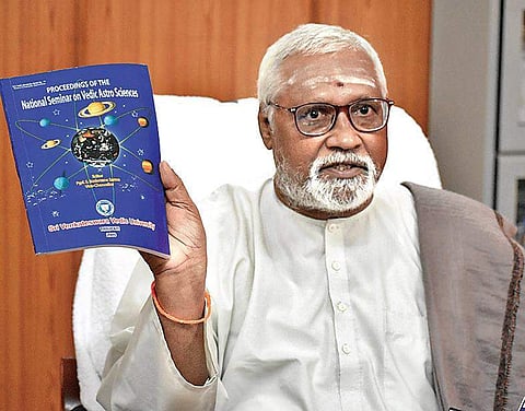 Sri Venkateswara Vedic University (SVVU) Vice-Chancellor Sudarsana Sarma addressing a news conference in Tirupati on Wednesday. (Photo| EPS)