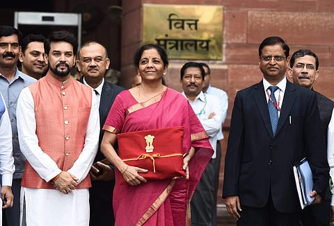 Finance Minister Nirmala Sitharaman with her team members on her way to present the Finance Budget at North Block in New Delhi on 5 July 2019. (Photo | Parveen Negi, EPS)