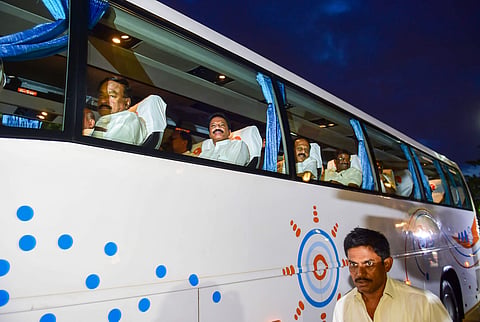 Thirteen rebel Congress-JDS legislators and one Independent lawmaker leaving to Goa on 8 July 2019 night. (Photo | PTI)