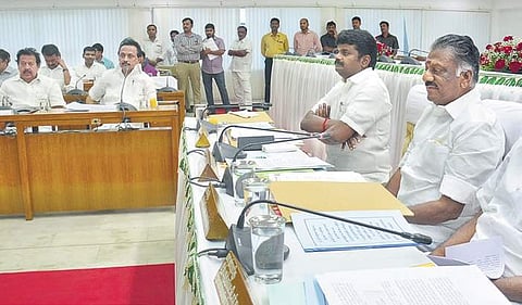 Deputy CM O Panneerselvam, DMK president MK Stalin, ministers C Vijaya Baskar and KP Anbalagan seen at all-party meeting at Secretariat on Monday | Express