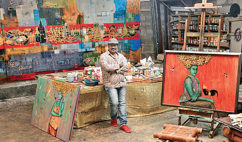 Vimalanathan with his works (top); one of his paintings Shriram B N