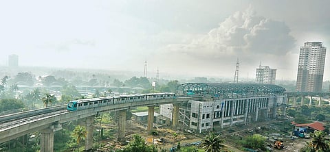 A Metro train enters the yet-to-be-completed Vyttila station en route to Thykoodam on Wednesday during the trial run from Maharaja’s ground station | ARUN ANGELA