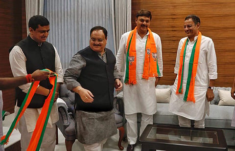 Samajwadi Party MPs Surender Sing Nagar and Sanjay Seth join BJP in the presence of BJP working President JP Nadda at BJP HQ in New Delhi on saturday. | ( Photo | EPS_Arun Kumar )