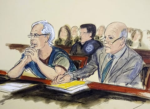 In this July 15, 2019 courtroom artist's sketch, defendant Jeffrey Epstein, left, and his attorney Martin Weinberg listen during a bail hearing in federal court, in New York. | AP