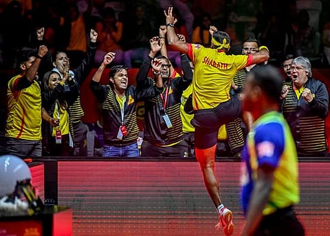 Sharath Kamal of the Chennai Lions celebrates the win. (Photo | Twitter)