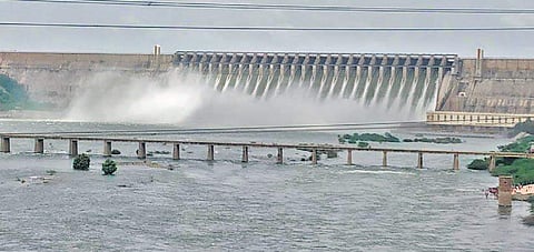 All 26 crest gates of Nagarjuna Sagar Project in Nalgonda district in Telangana opened on Monday | EXPRESS