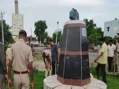 The effigy of Bharatiya Jana Sangh founder Shyama Prasad Mukherjee in Shahpur town (Photo | ANI)