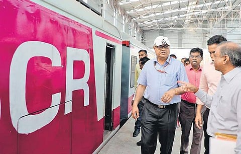 South Central Railway General Manager Gajanan Mallya inspecting new MMTS rakes at EMU Car Shed at Moula Ali in Hyderabad on Wednesday (File Photo |EPS)