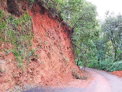 Newly widened road between Kaimara and Mullayanagiri via Attigundi suffered landslides during the recent heavy rains. | Express Photo Services
