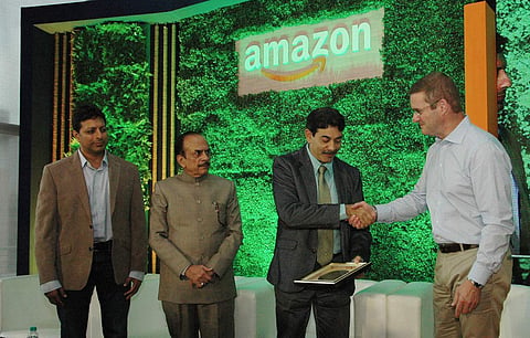 (From Left to Right) Amazon India Senior Vice President Amit Agarwal, Deputy chief minister of Telangana Mahmood Ali, IT Secretary, Jayesh Ranjan, and Amazon real estate chief John Schoettler during the inauguration of Amazon’s largest campus building in