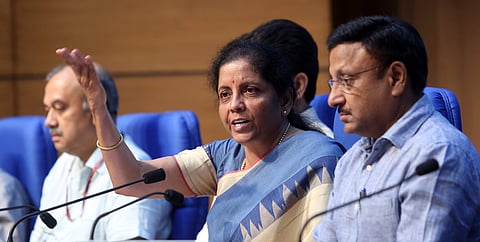 Finance Minister Nirmala Sitharaman, MoS for Finance Anurag Thakur and Finance Secretary Rajiv Kumar during a press conference in New Delhi on Friday August 23, 2019. | (Shekhar Yadav | EPS)
