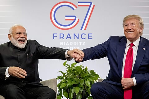 President Donald Trump and Indian Prime Minister Narendra Modi share a laugh together during a bilateral meeting at the G-7 summit in Biarritz, France, Monday, Aug. 26, 2019. | ( Photo | AP )