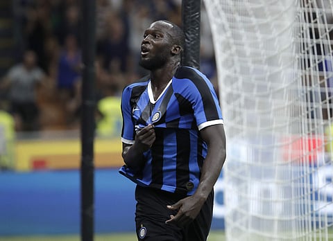 Inter Milan's Romelu Lukaku celebrates after scoring his side's third goal during the Serie A soccer match between Inter Milan and Lecce at the San Siro stadium, in Milan. (Photo | AP)