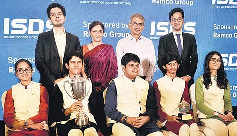 The champions of this year’s World Schools Debating Championships with PR Venketrama Raja, chairman of RAMCO and his wife PV Nirmala | D SAMPATHKUMAR