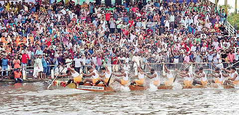 Nadubhagom Chundan powering its way to victory in the Nehru Boat Race held at Punnamada lake in Alappuzha | Albin Mathew