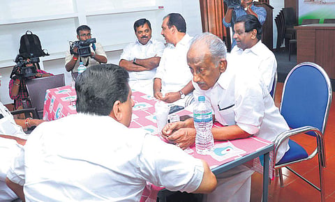 UDF sub-committee members holding discussion with P J Joseph faction leaders at the DCC office in Kottayam on Tuesday | Vishnu Prathap