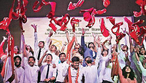 School of Planning and Architecture students celebrate at convocation ceremony in Vijayawada on Friday I P Ravindra Babu
