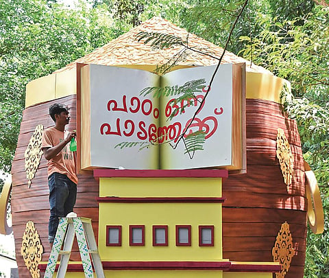 Artists preparing a float on Tagore Theatre premises in Thiruvananathapuram on Sunday. The float is to be paraded in the cultural procession, which is to be taken out as part of the finale of the Onam celebrations I B P Deepu