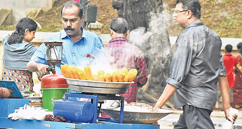 Continuous raids are being conducted by health squads at the food stalls set up at various venues of the Onam fest in the city. A customer waiting in front of a corn selling stall near Kanakakunnu B P Deepu
