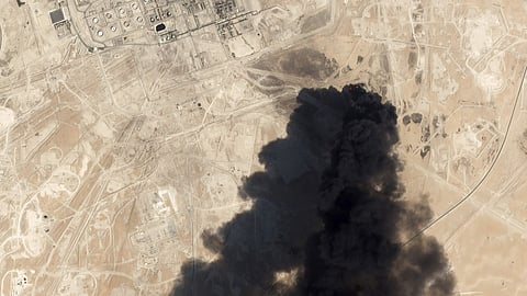 Satellite image provided by NASA Worldview shows fires following Yemen's Houthi rebels claiming a drone attack on two major oil installations in eastern Saudi Arabia. (Photo | AP)