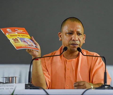 Uttar Pradesh Chief Minister Yogi Adityanath addresses a press conference on completing 30 months in his office in Lucknow on 19 September 2019. (Photo | PTI)