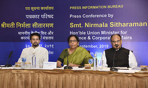 Finance Minister Nirmala Sitharaman addresses a press conference ahead of the 37th meeting of the GST Council in Panaji Friday September 20, 2019. MoS Finance Anurag Thakur and Revenue Secretary Ajay Bhushan Pandey are also seen. | (Photo | PTI)