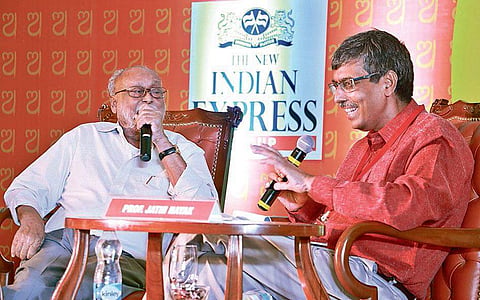 Poet Jayanta Mahapatra in conversation with Prof Jatin Nayak on ‘The Poetic As Personal: My Life in Words’ | ( Photo | Irfana )